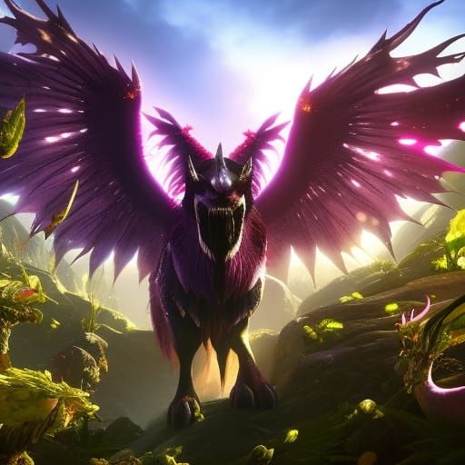 Crazy bird monster with cherry blossom wings