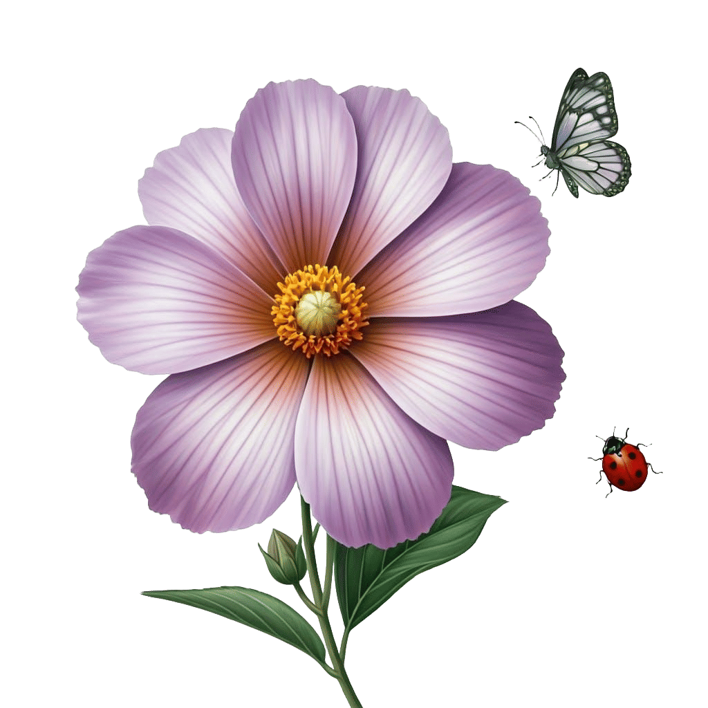 Cartoon Violets with Butterfly and Ladybug in Sunlight