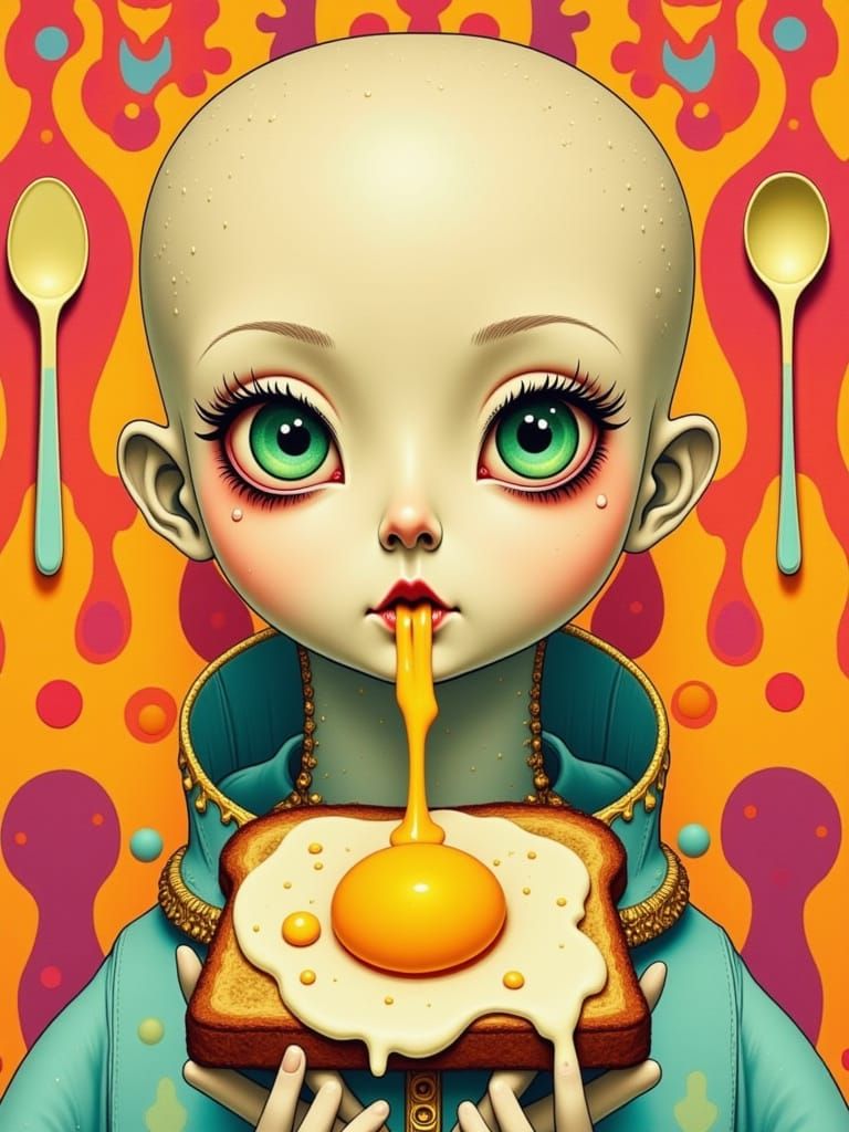 Elongated Toast Head with Melting Sandwich in Pop Art Style