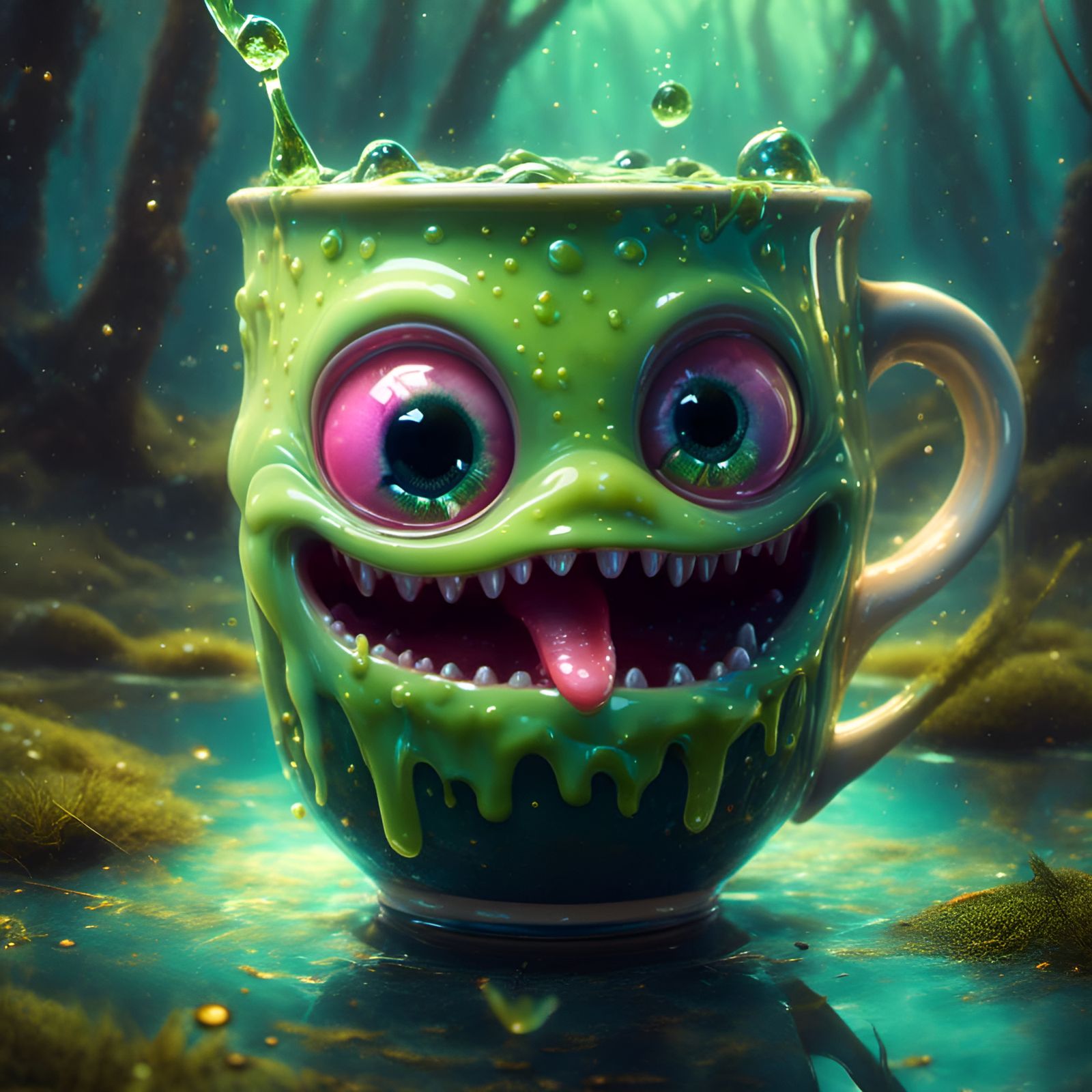 Pastel Slime Monster in Teacup, 3D Render