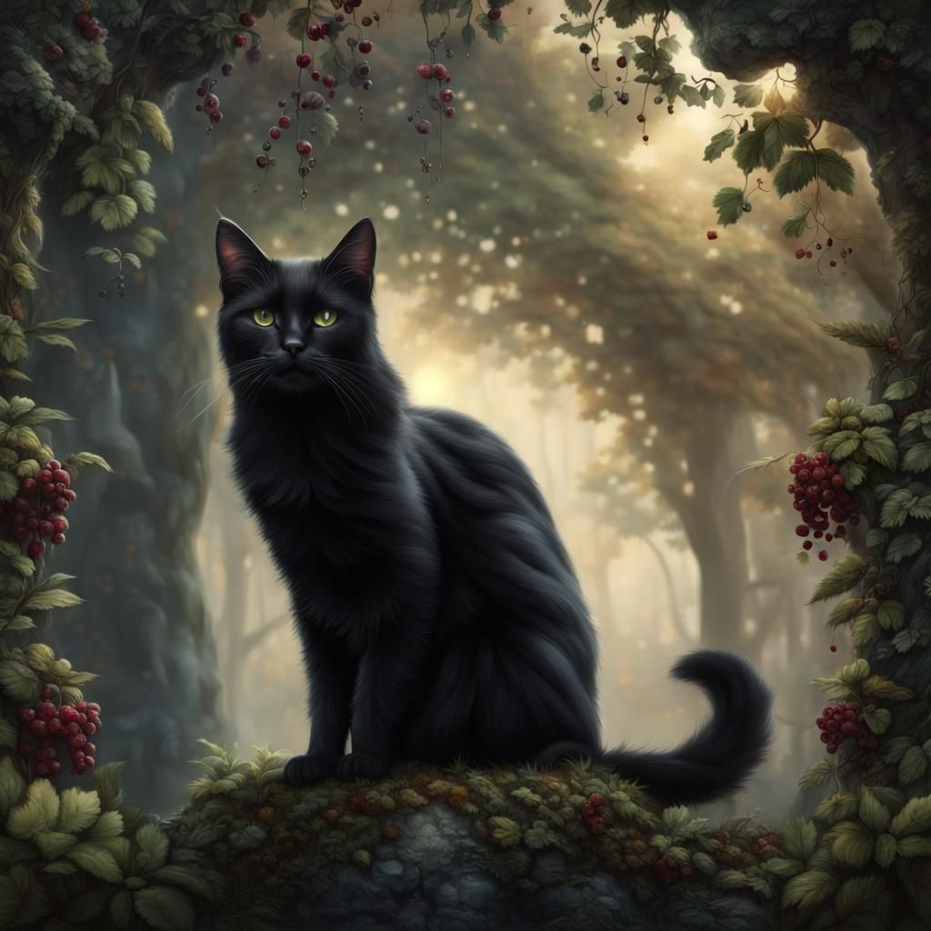 Crowned Black Cat in Forest: Digital Matte Painting