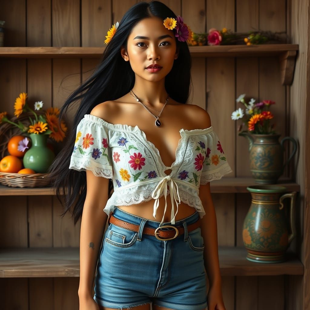 Filipina Woman with Floral Lace Blouse and Denim Shorts