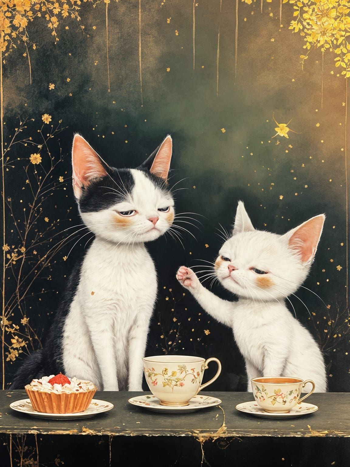 Mother Cat and Kitten Sharing Tea in Elegant Setting
