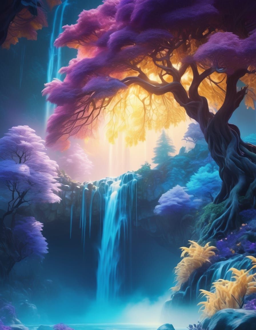 Fantasy World with Fluffy Vegetation and Ethereal Flowers