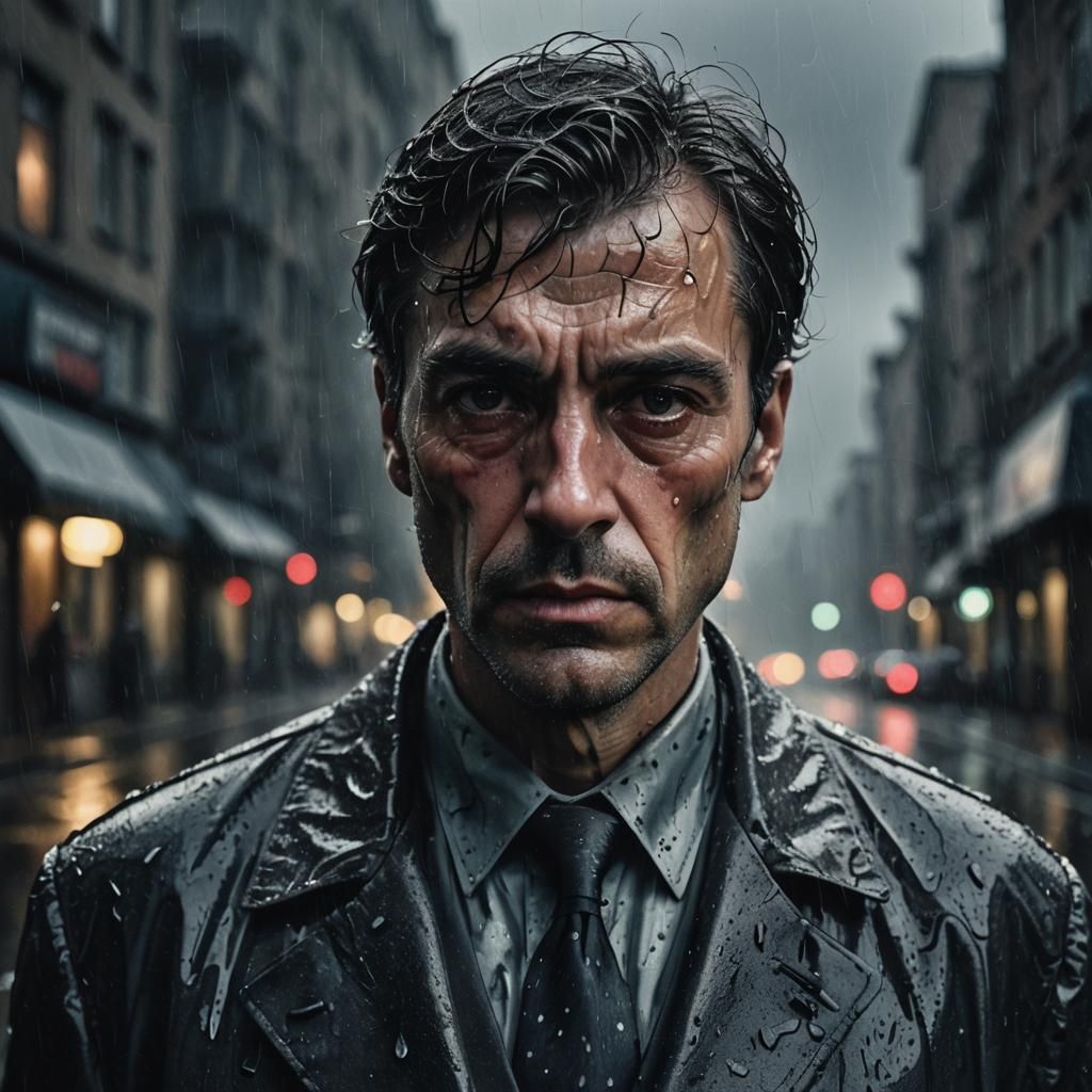 Noir Detective in Rainy Street: Film Noir Portrait