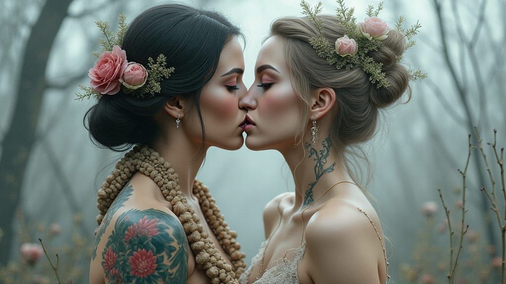 Ethereal Female Couple Share Tender Kiss in Dreamy Fantasy S...