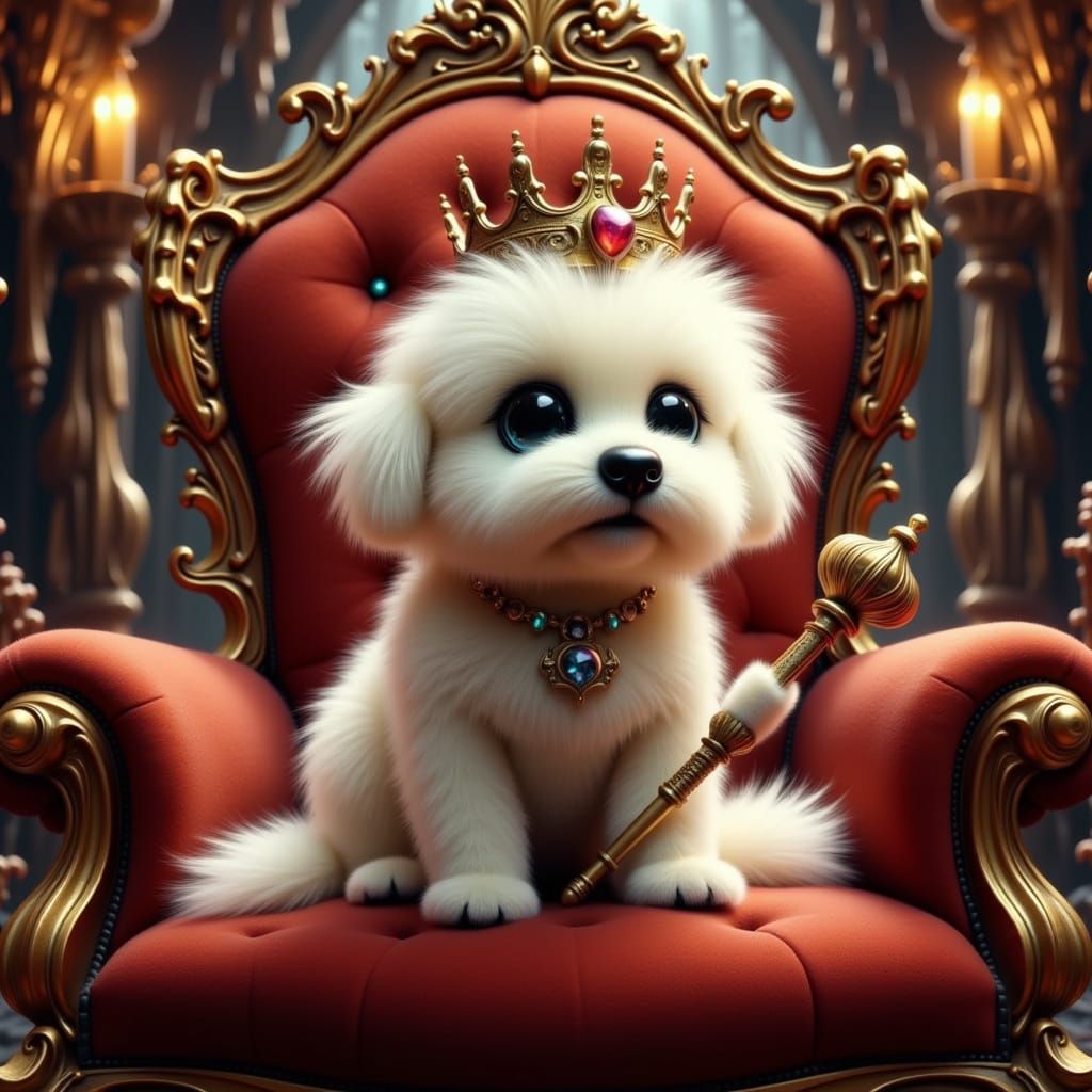 Fluffy Dog King on Throne in Regal Storybook Style