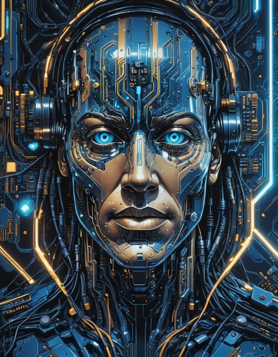 Cyberpunk Circuit Face with Glowing Blue Accents
