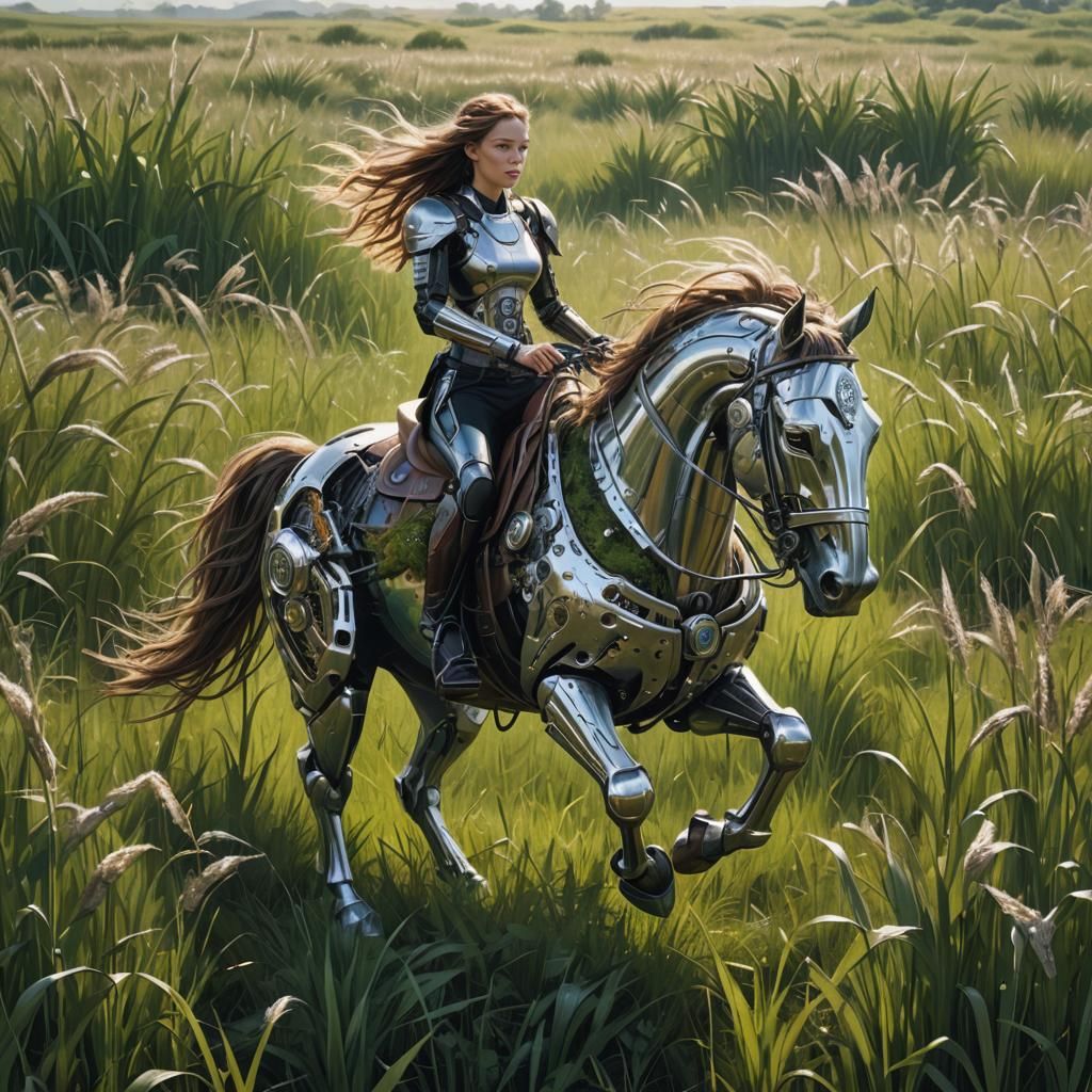 Woman Rides Cyborg Horse Through Field