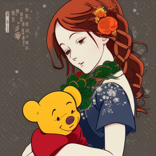 Celtic Girl with Winnie the Pooh in Hokusai Block Print