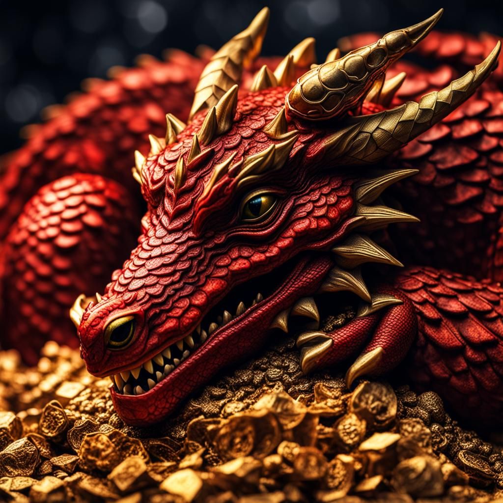Baby Red Dragon Sleeps on Gold Pile