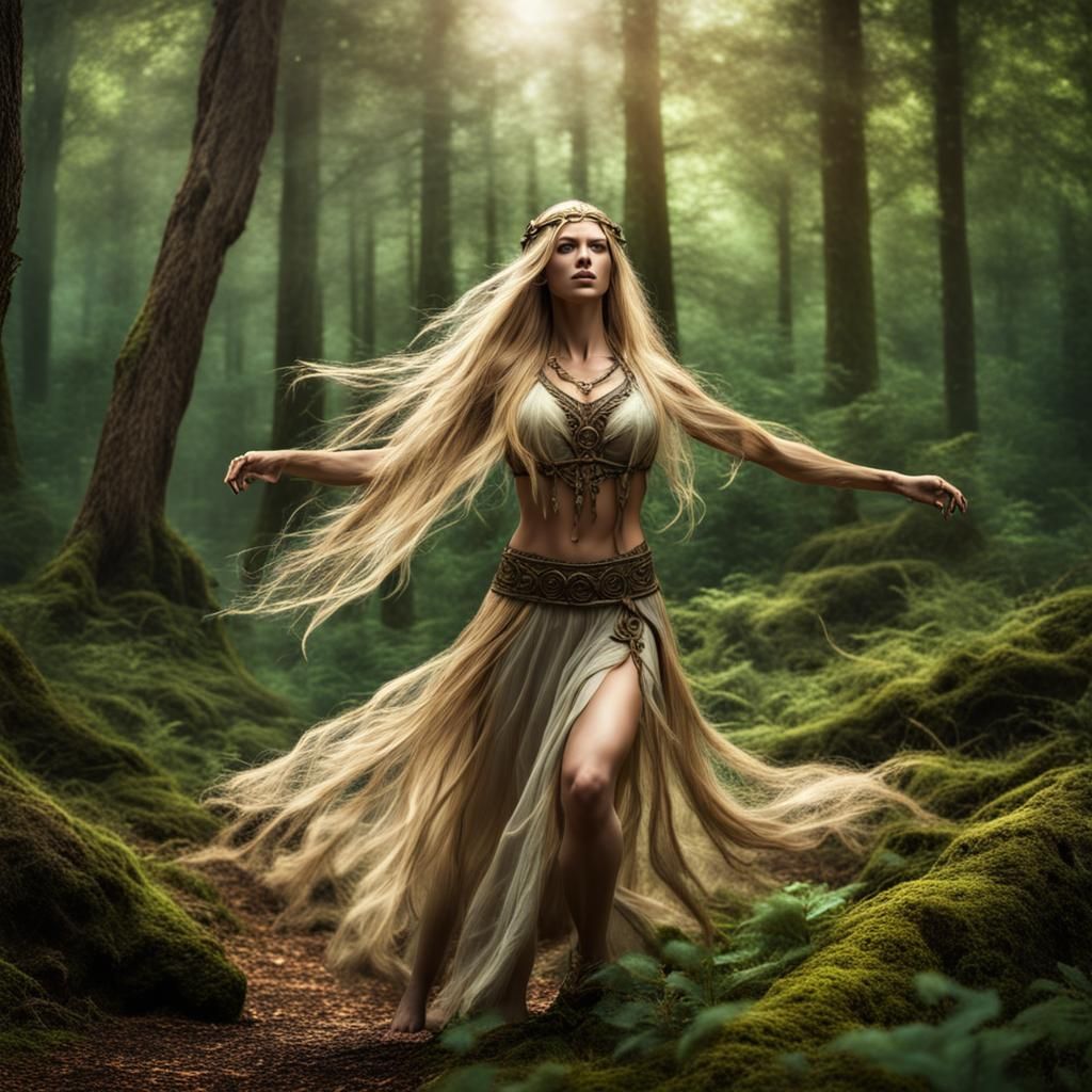 Blonde Druid Dances in Forest: Hyperrealistic HDR Image