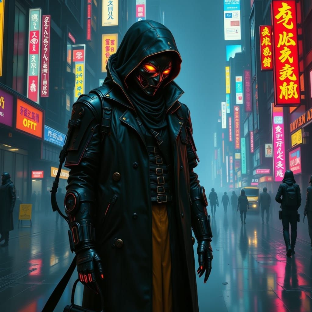 Cybernetic Fairy in Neon Cyberpunk Cityscape