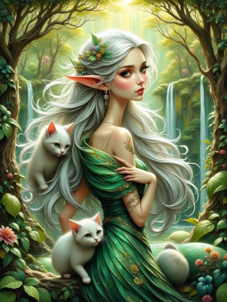 Elven Girl Playing with Kittens in Mystical Forest