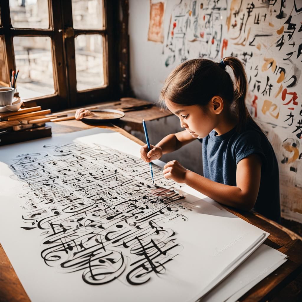 Young Woman Practicing Calligraphy Art