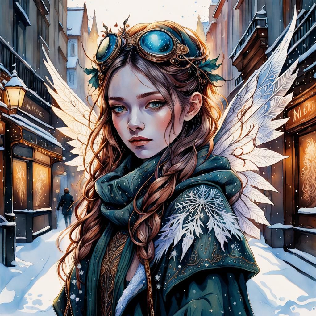 Ornate Christmas Scene in Watercolor and Ink