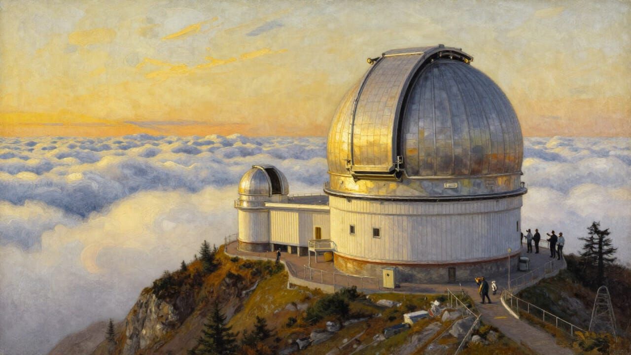 Observatory Above Clouds in Golden Hour Light