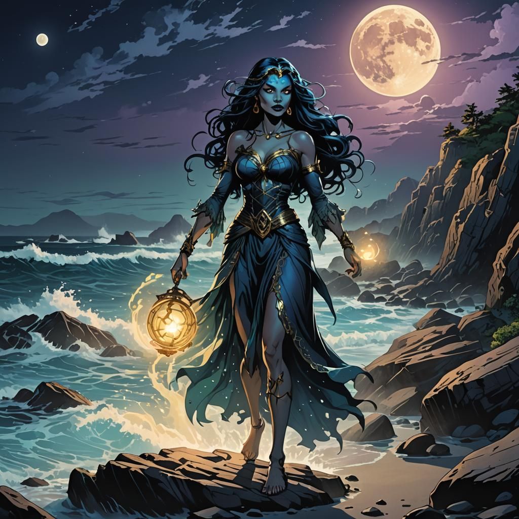 Sea Witch Under Full Moon in Comic Book Style