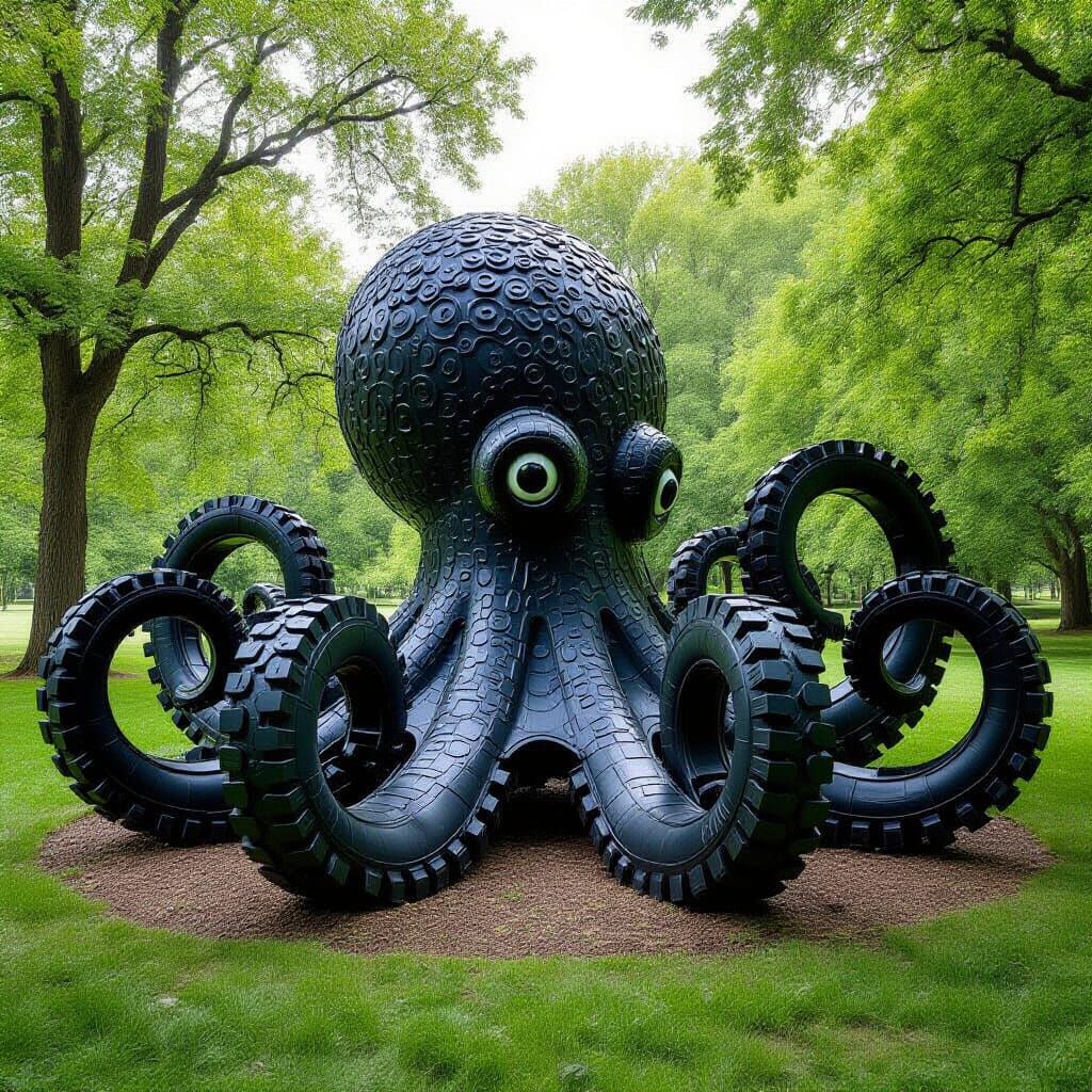 Giant Octopus Tire Sculpture in Lush Park Landscape