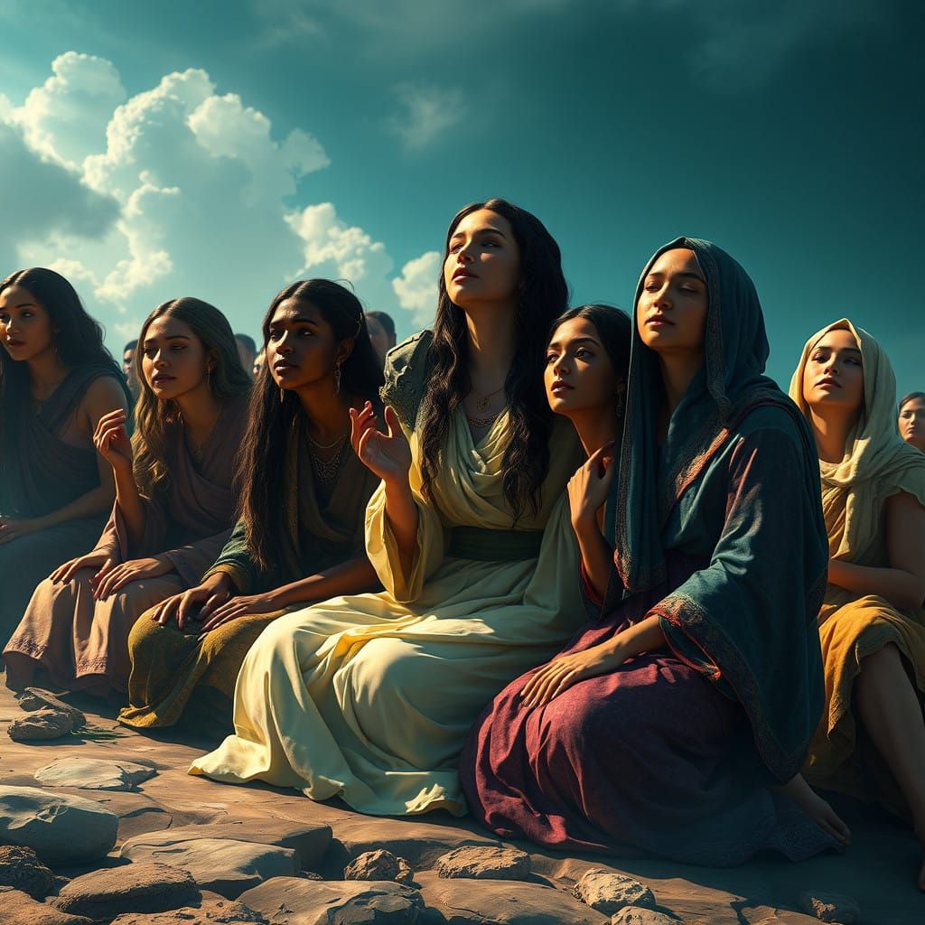 Multicultural Women in Adoration of Jesus, Detailed Fantasy...