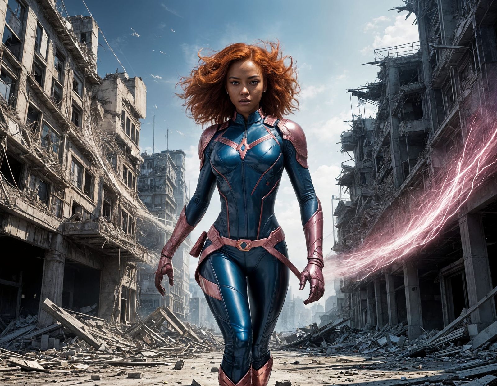 Red-Haired Superheroine in Modern Ruins