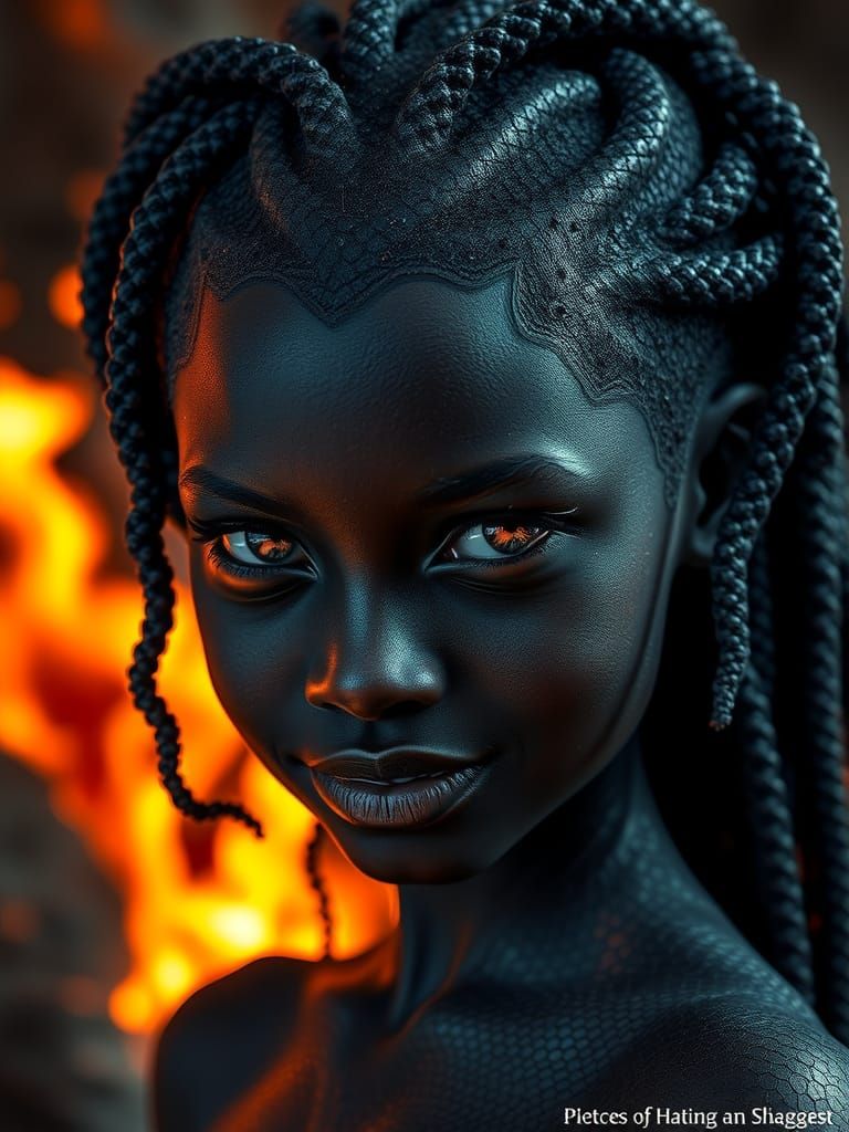 Surreal Girl with DNA Hair and Magma Background