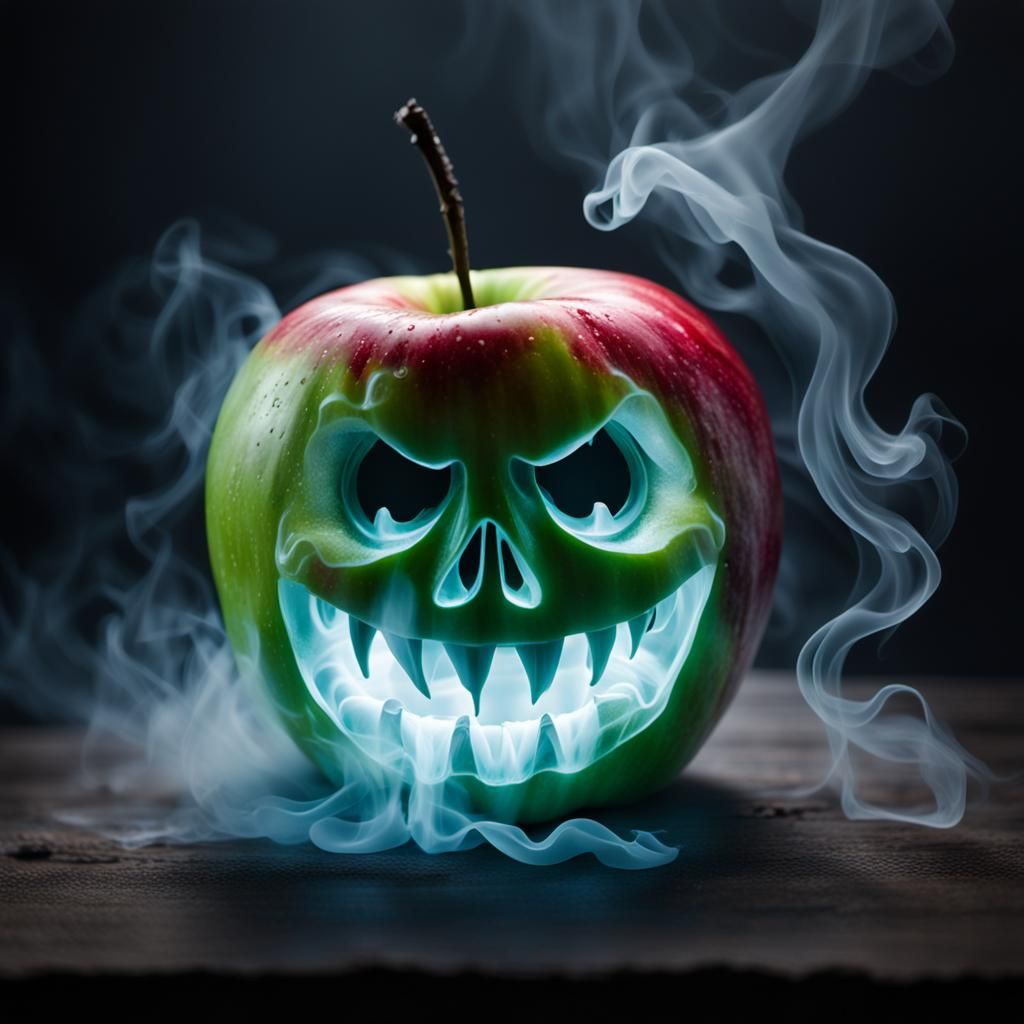 Ghostly Glowing Apple with Face in Macro Photography