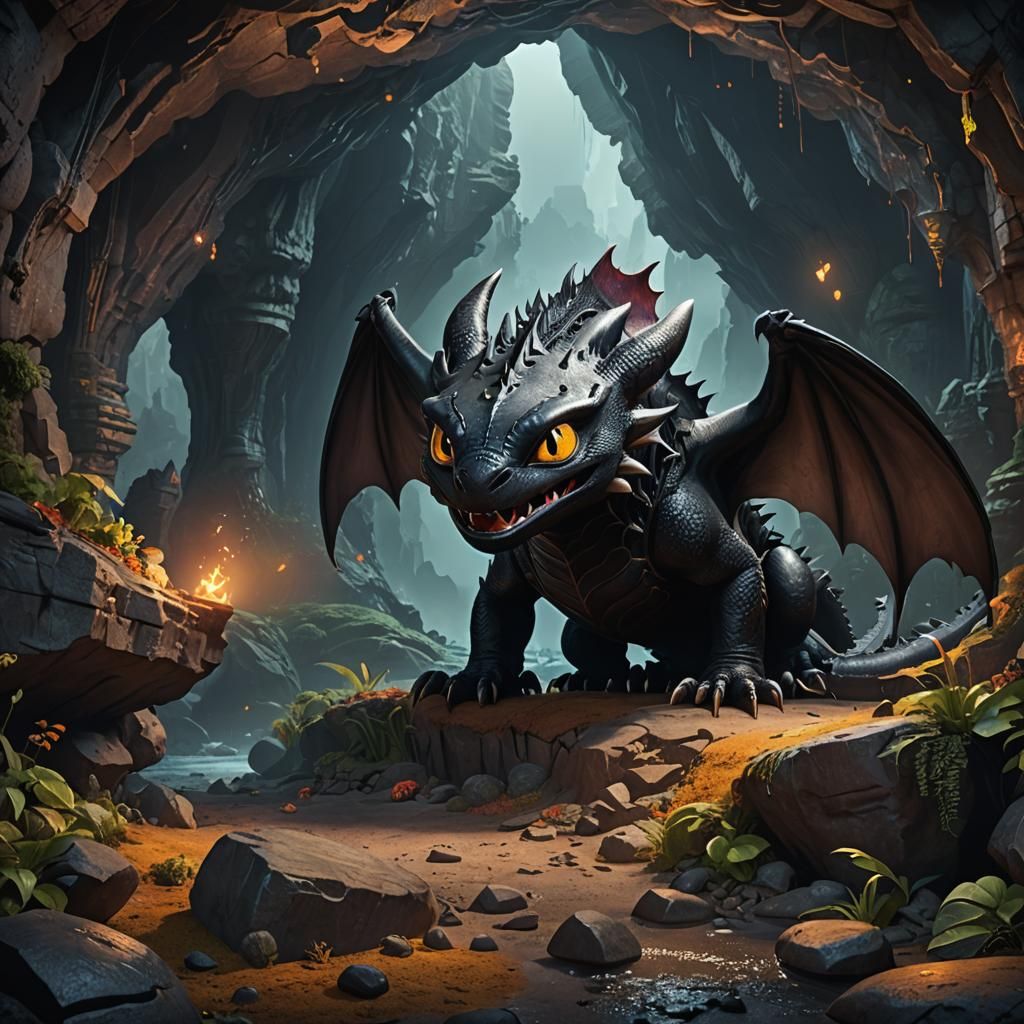 Toothless the Dragon in a Cave, Detailed Matte Painting