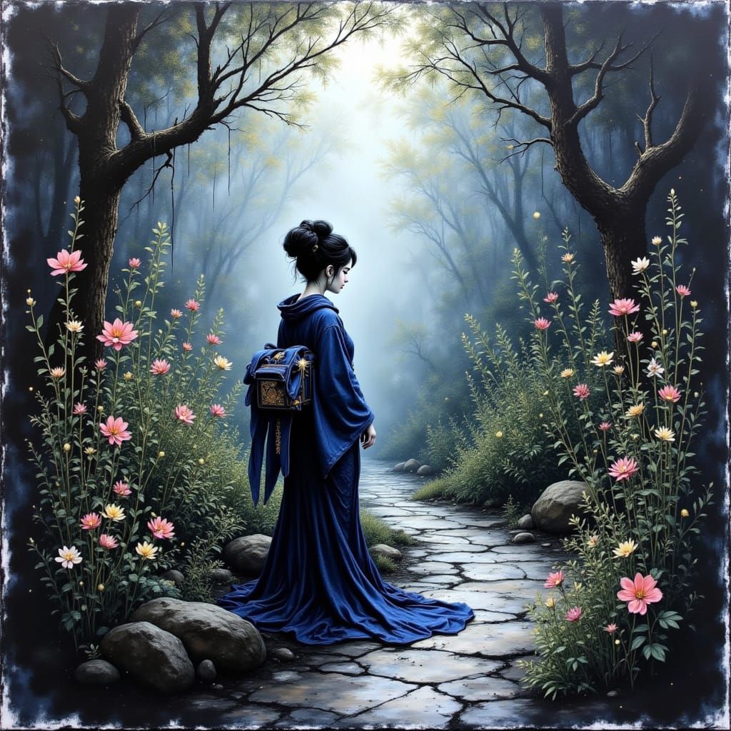 Geisha in Serene Garden with Graphite Sash
