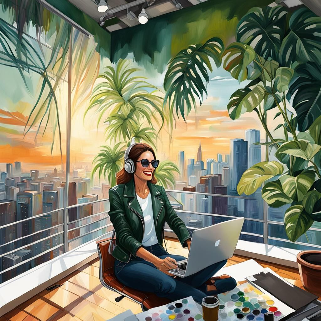 Artist in Modern Studio with City View