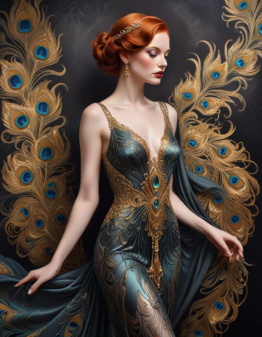 Art Deco Redhead in Peacock Gown