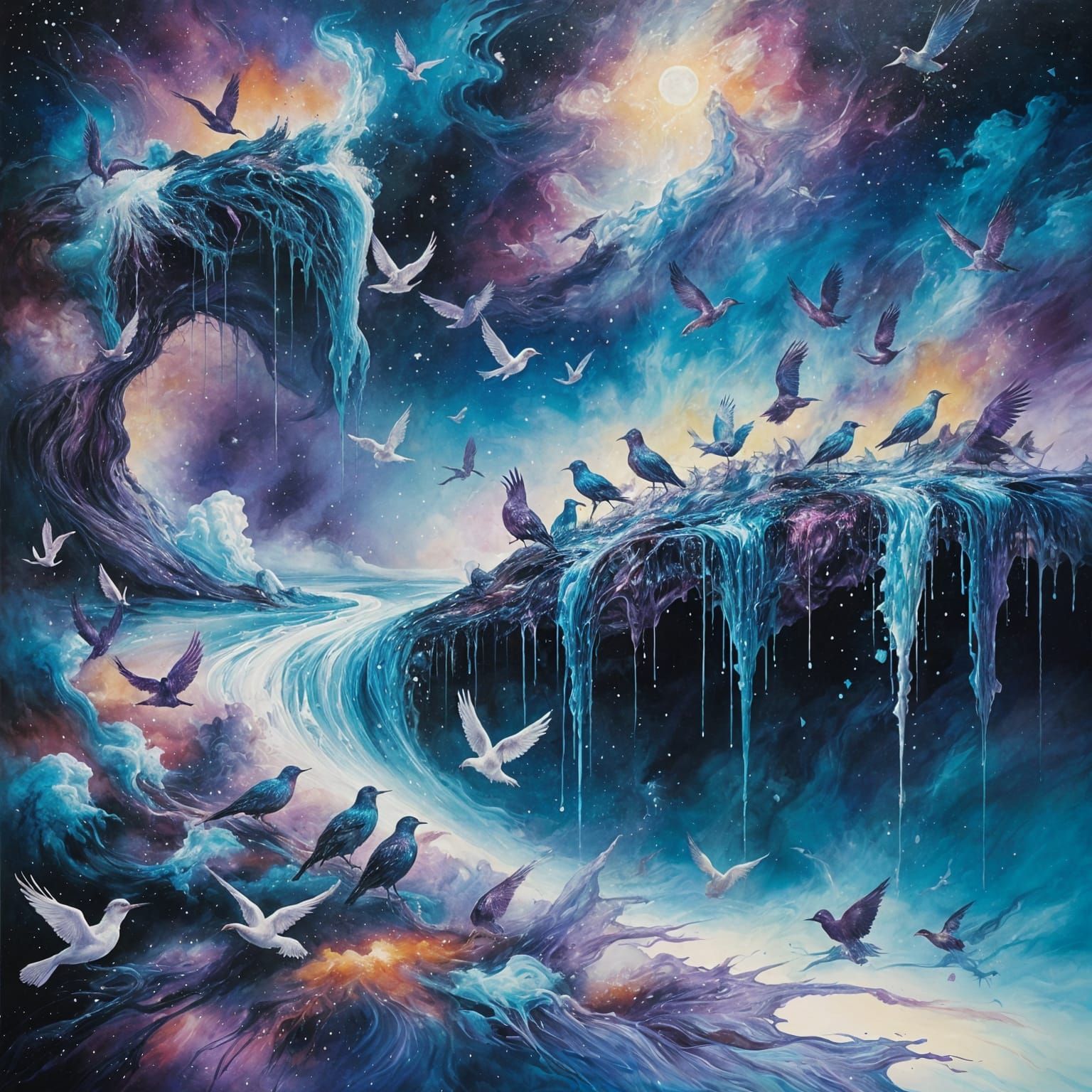 Surreal Birds Melting into Cosmic Rivers