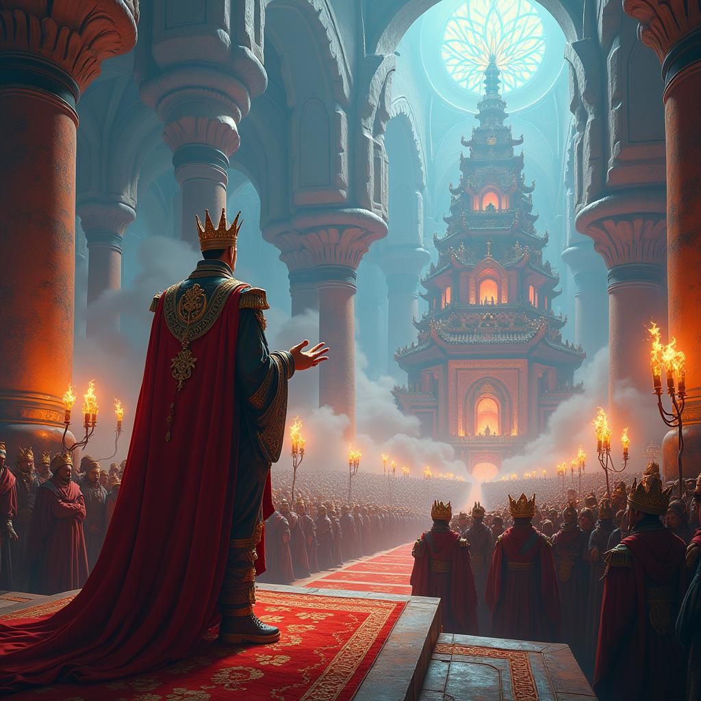 King in Ornate Suit Delivers Speech in Fantasy Realm