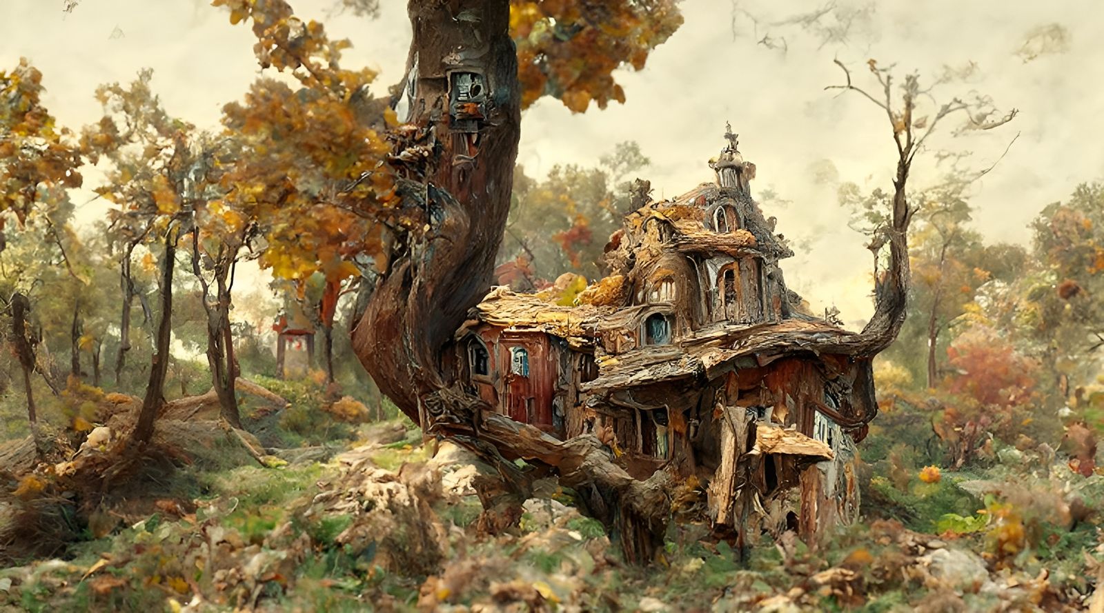 Autumn Treehouse Village as Digital Illustration