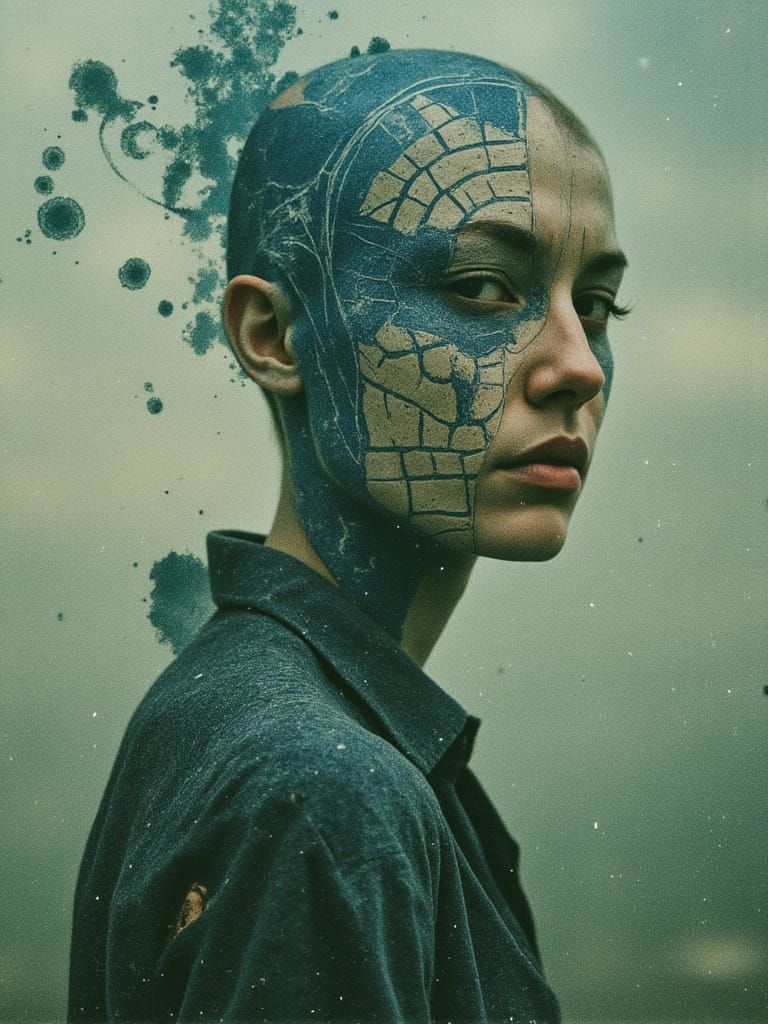 Bioluminescent Blue Android in Brutalist City - Digital Art