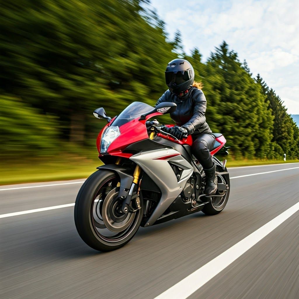 Woman Rides Motorcycle in Futuristic Style