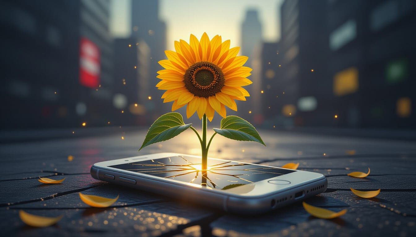 Sunflower Growing From Phone in Digital Matte Painting