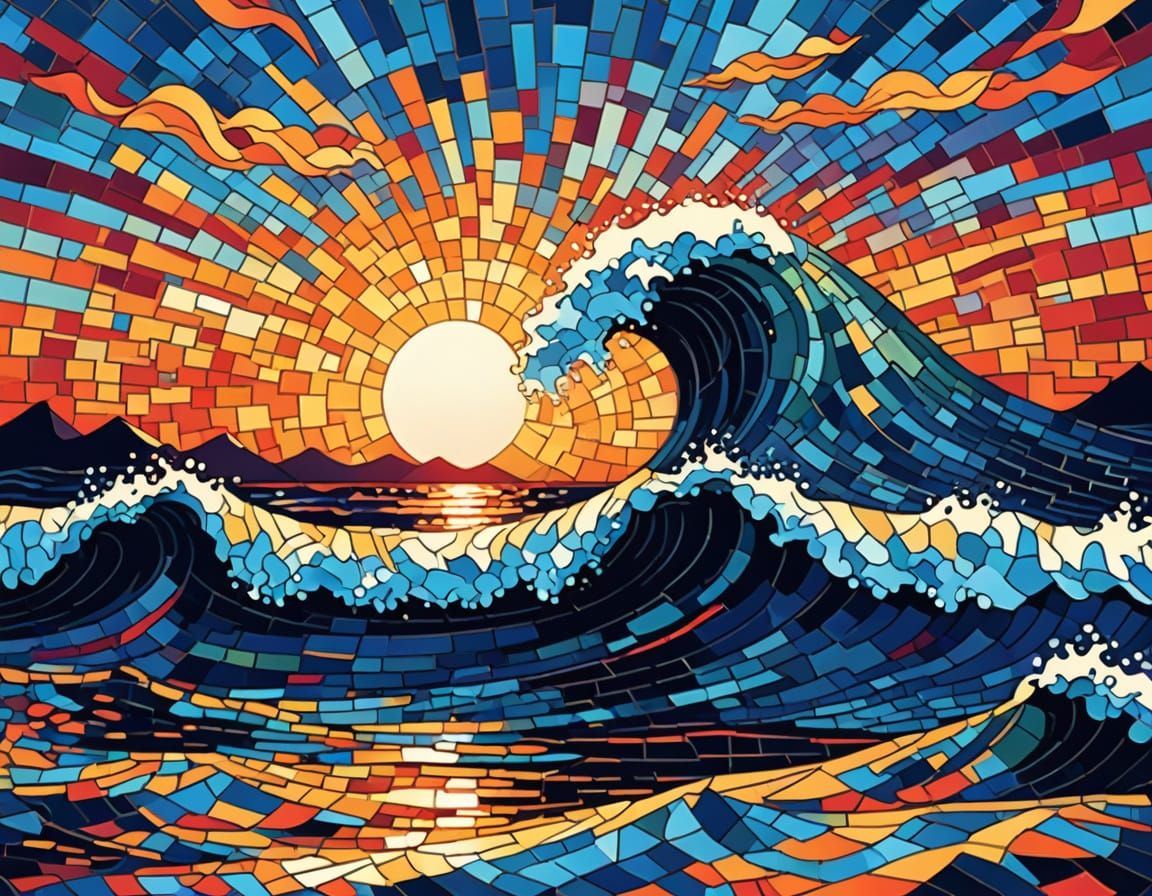 Mosaic Sunset Sea in Maximalist Vector Art