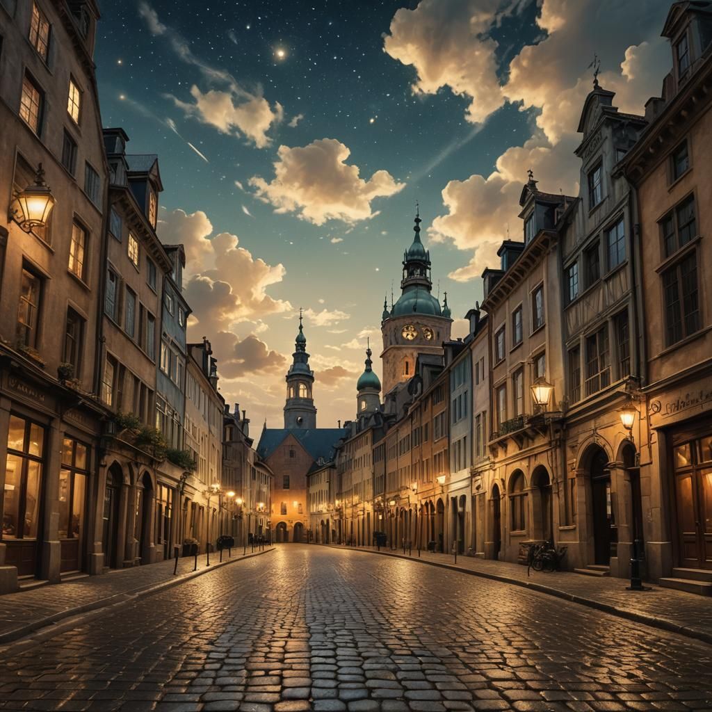 Baroque Cityscape Under Starry Night Sky