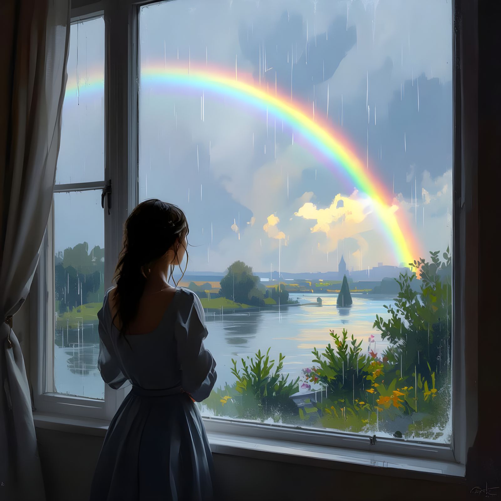 Rainbow After Rain Through Wet Window