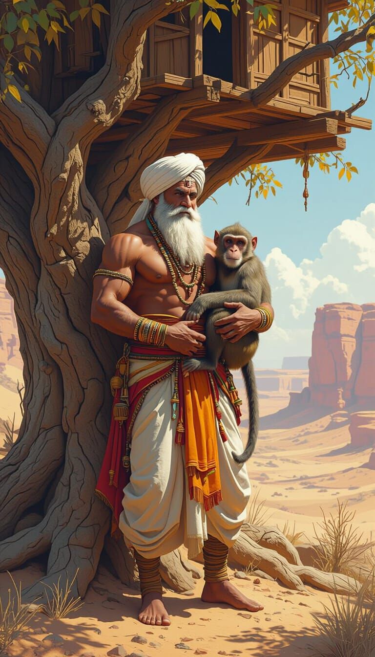 Desert Treehouse Scene with Man and Monkey