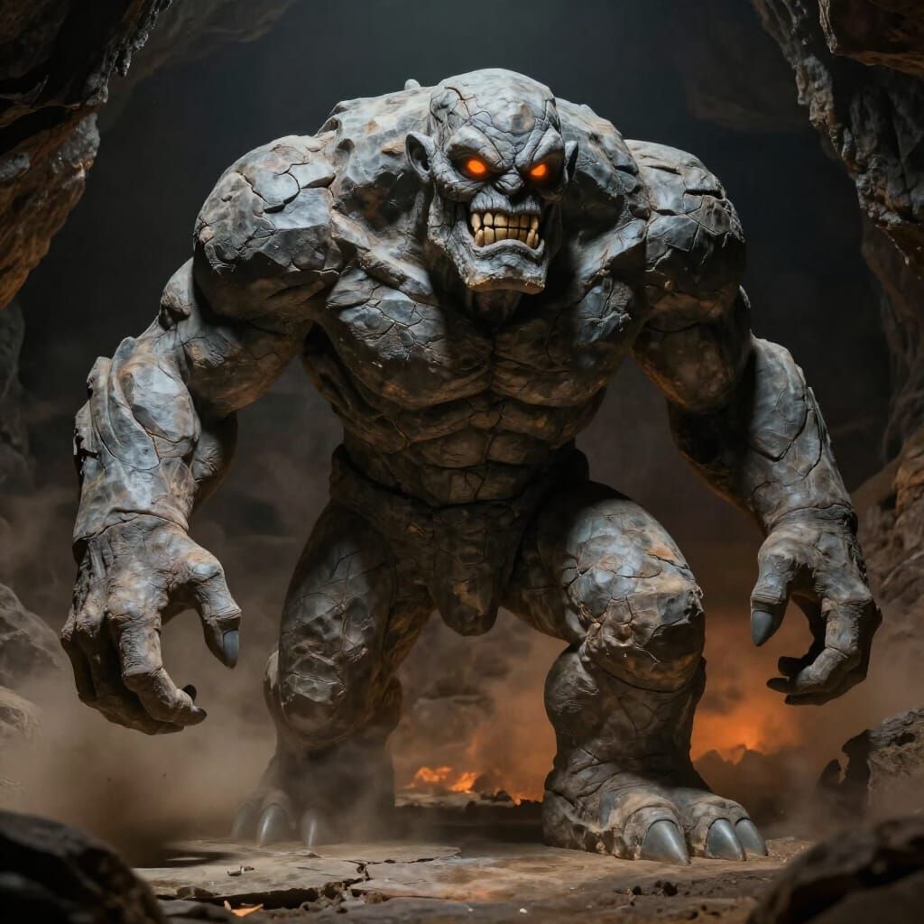 Stone Giant Creature in Dark Cavern