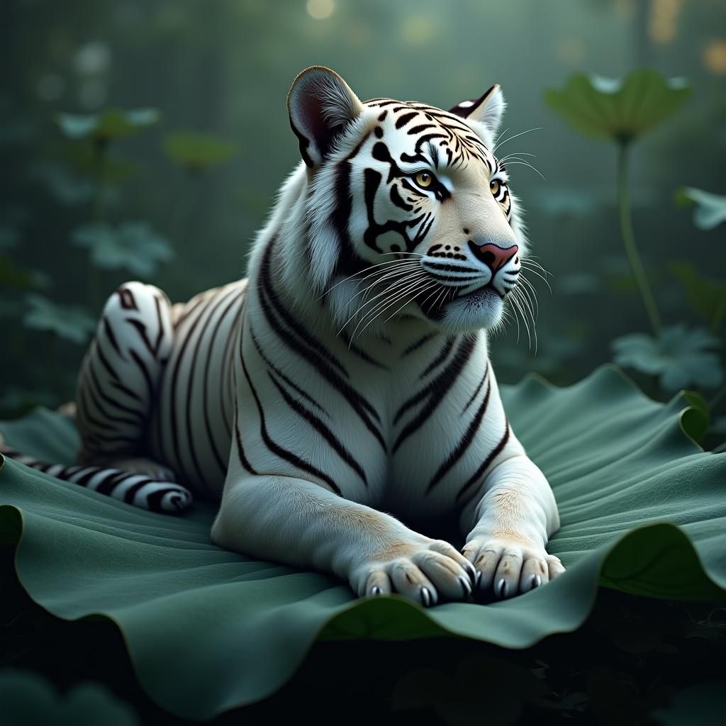 Monochrome Bengal Tiger on Lily Pad: Fantasy Concept Art