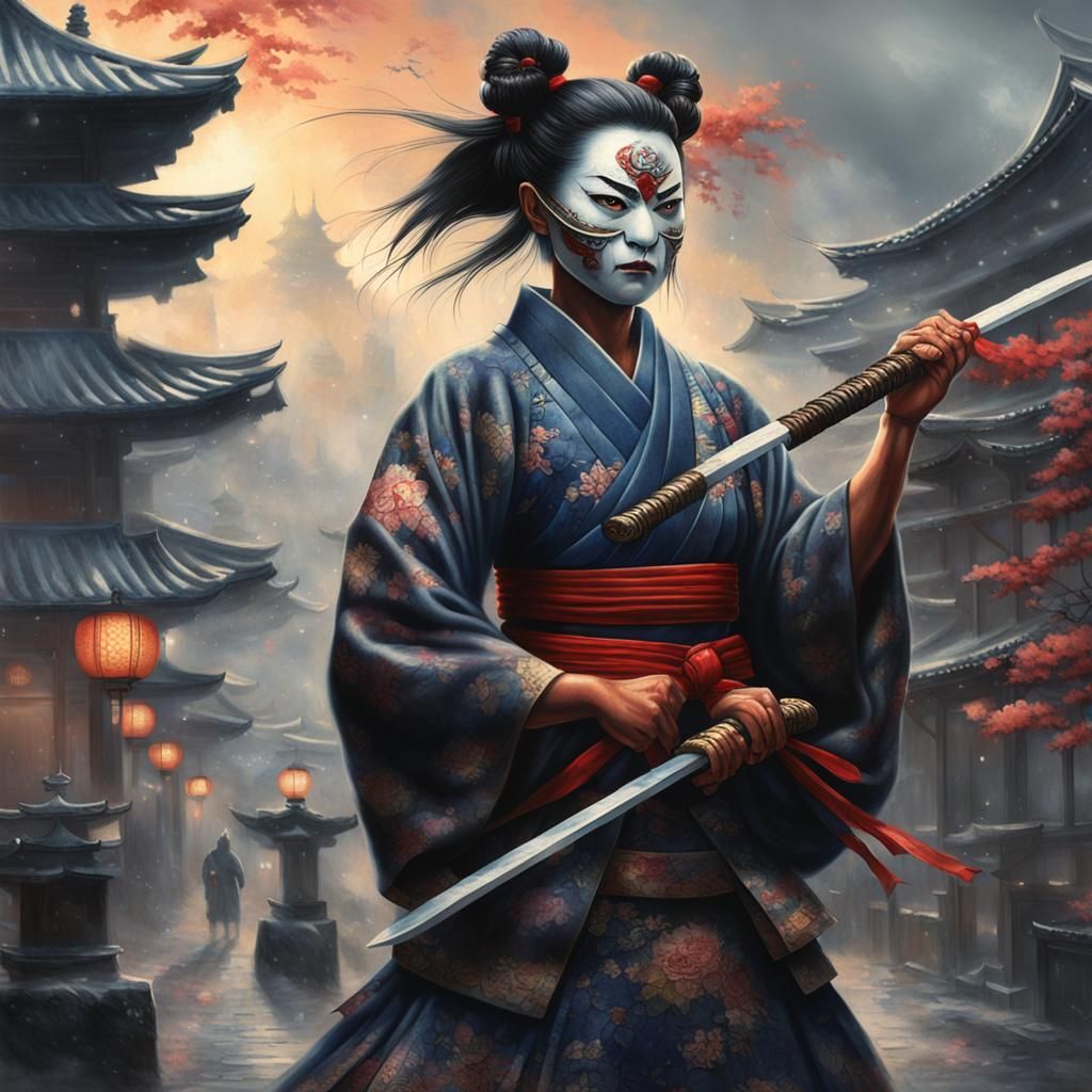 Samurai Lady with Oni Mask in Old Japan