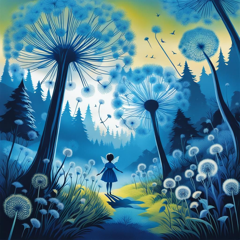 Visualize a surreal childlike landscape, dandelions,  blue fairy ,drawing inspiration from an early 20th-century rayogra...