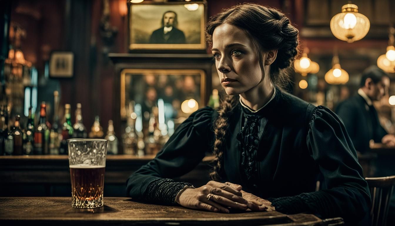 Sad Woman in Irish Bar with Whiskey, Cinematic