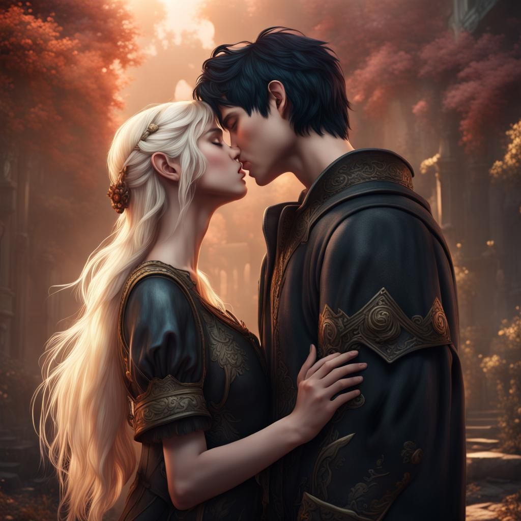 Boy and Girl Kissing: Detailed Fantasy Art