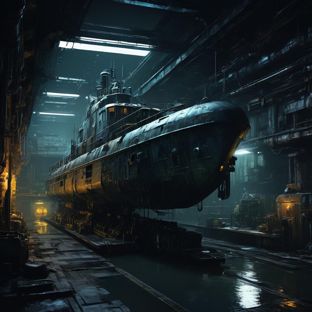 Cyberpunk U-Boat in a Gritty Repair Bay