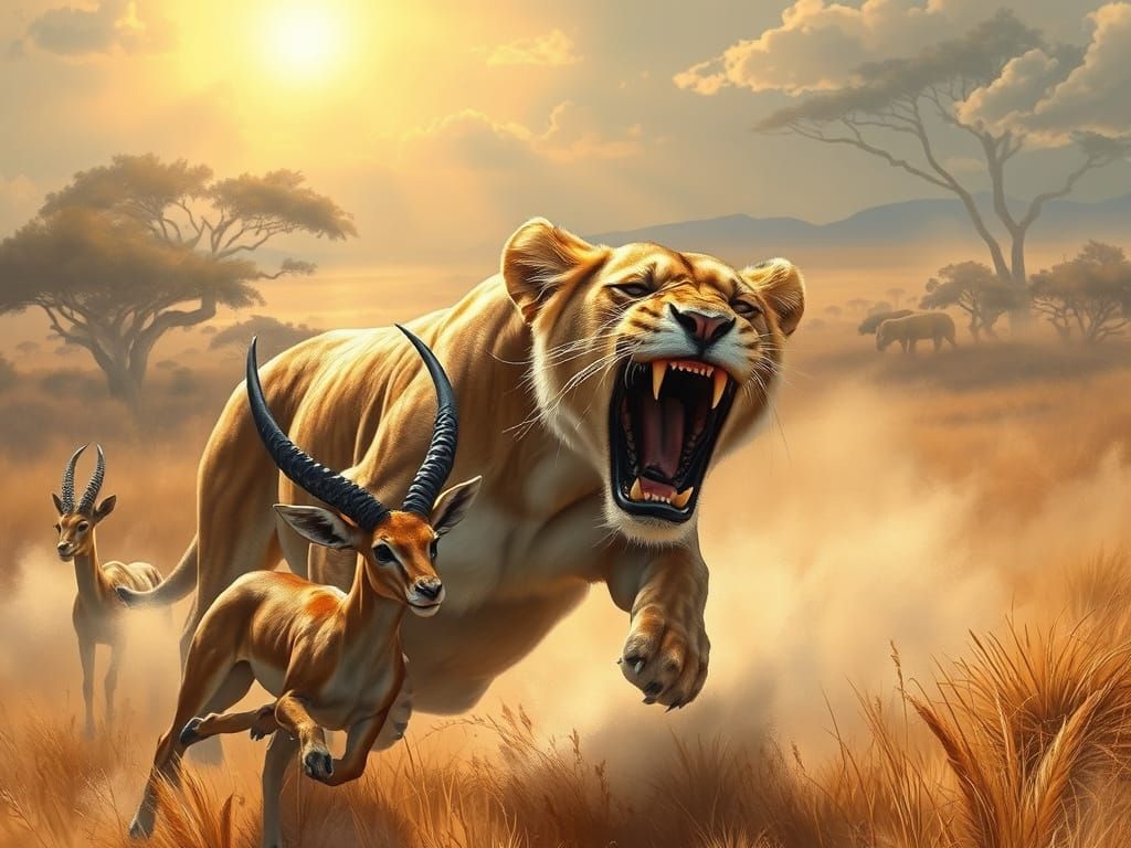 Lioness Hunting Gazelle in Ethereal Savannah Mist