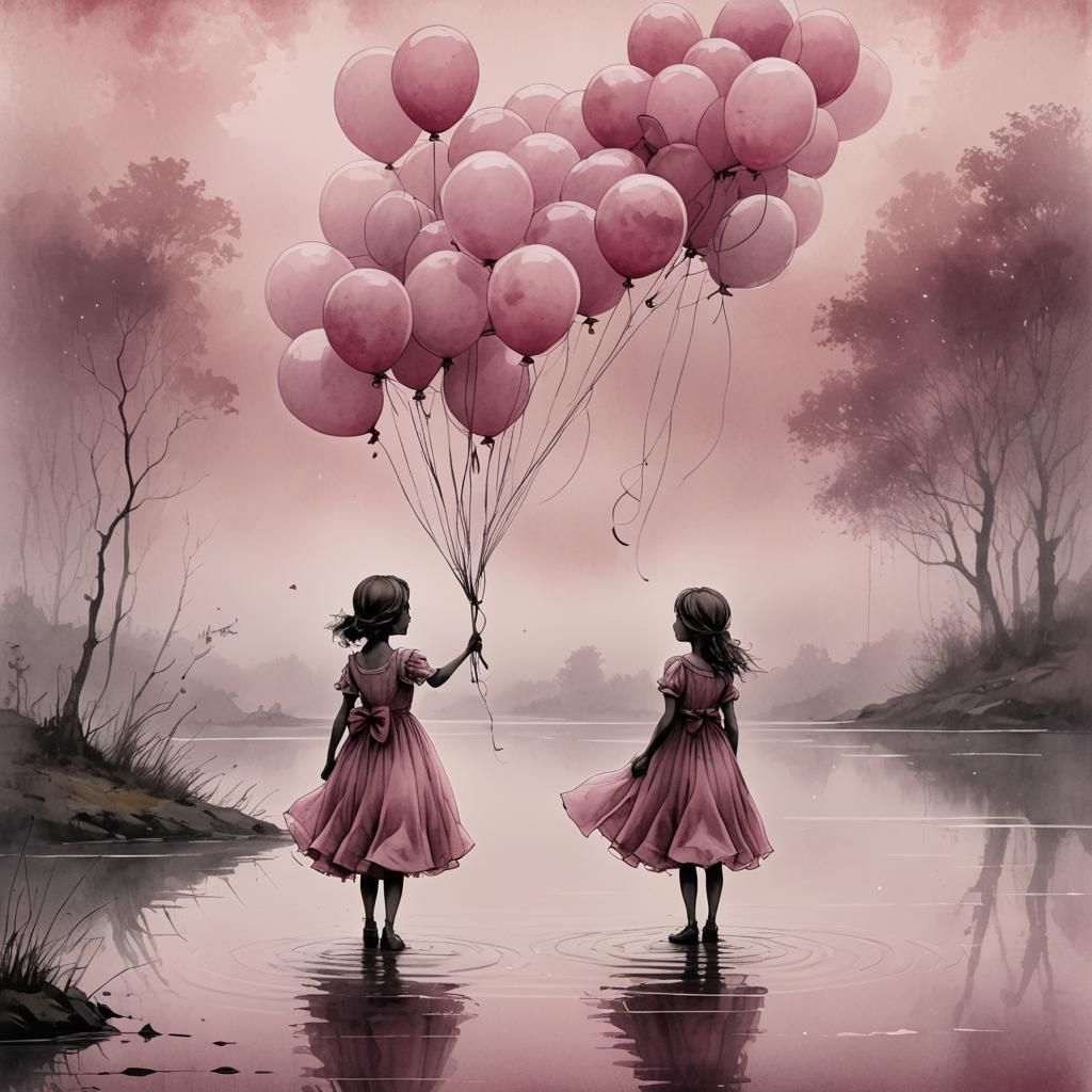 Girl with Balloons: Whimsical Illustration in Ink Style